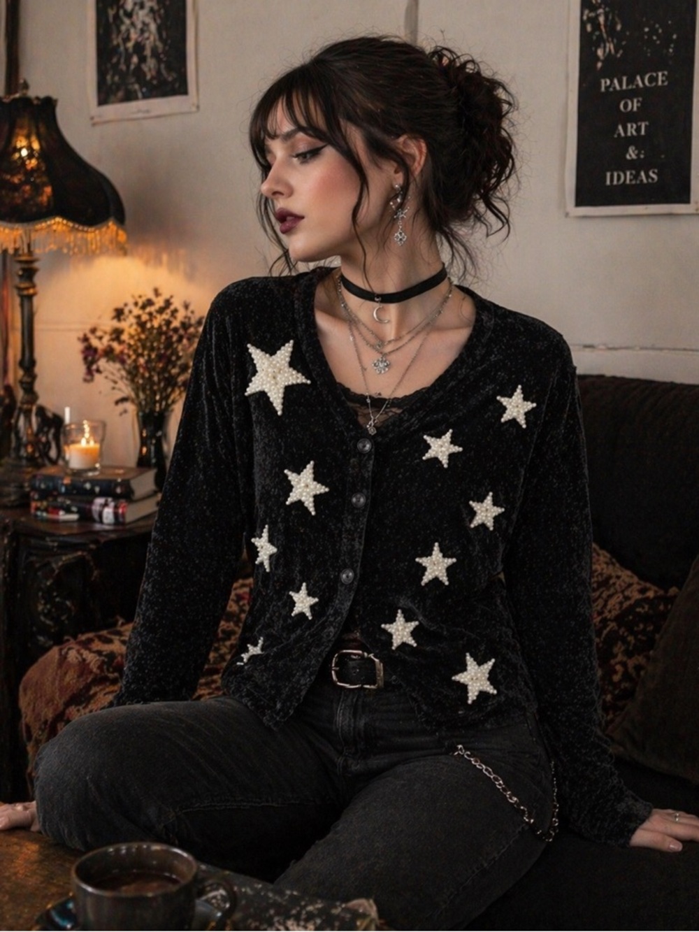 Vintage Black Cardigan Pearl Star Celestial Whimsigoth Witchy Soft Grunge Button